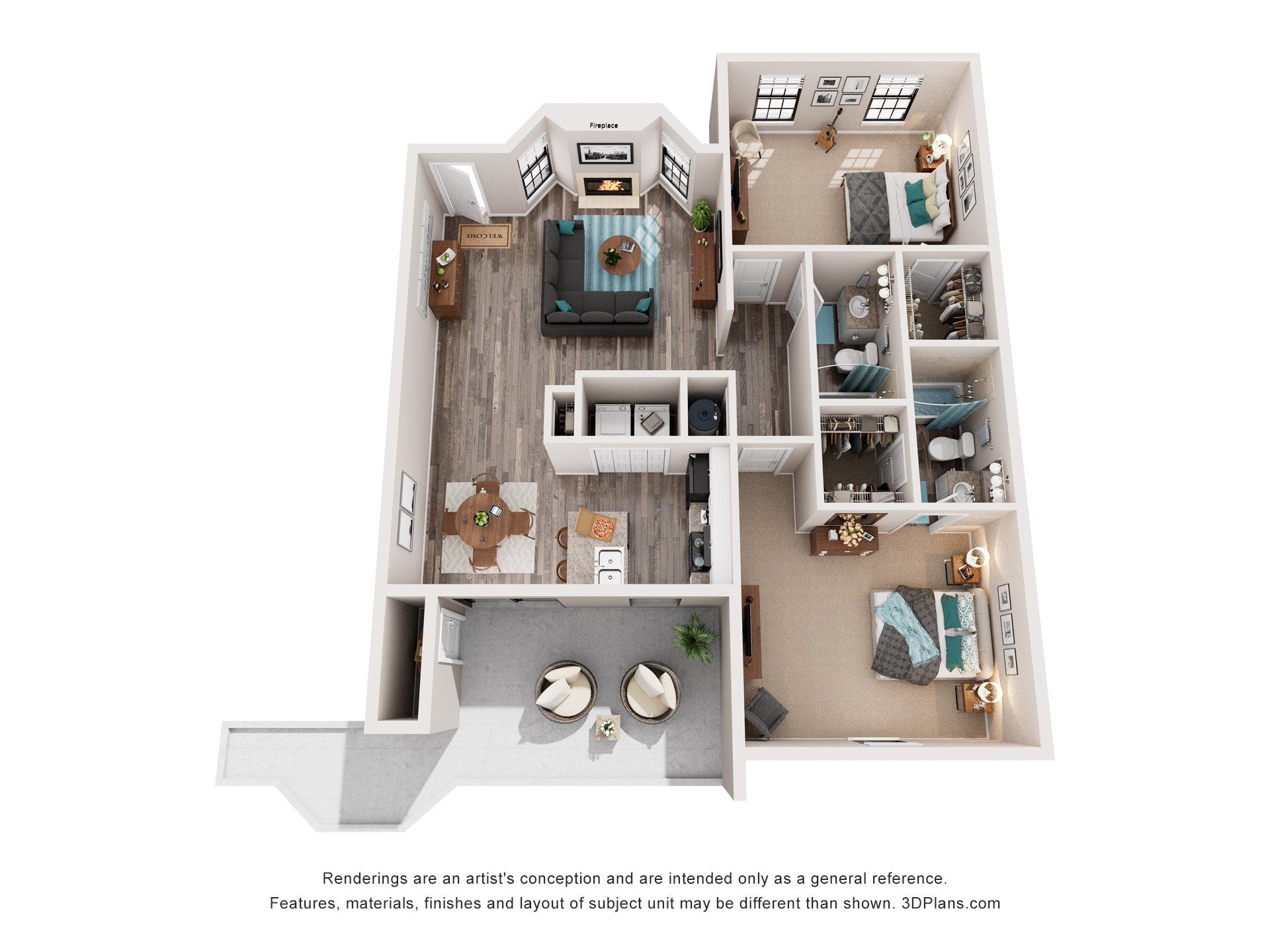Floor plan for 2 beds, 2 baths, 1024 sqft